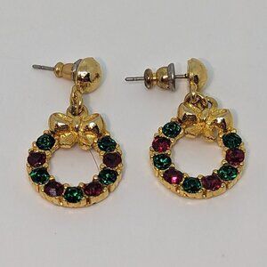 Gold-Tone Christmas Wreath Post Earrings With Red & Green Rhinestones
